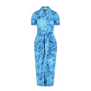 Stretchy Jersey Shirt Midi Dress - Ruched Bodycon Pool Water Print Summer Beach